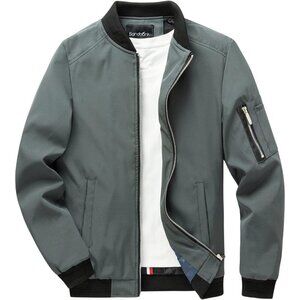 Men's Slim Fit Wear Lightweight Gray Bomber Jacket Coat Winter Zipper Closure